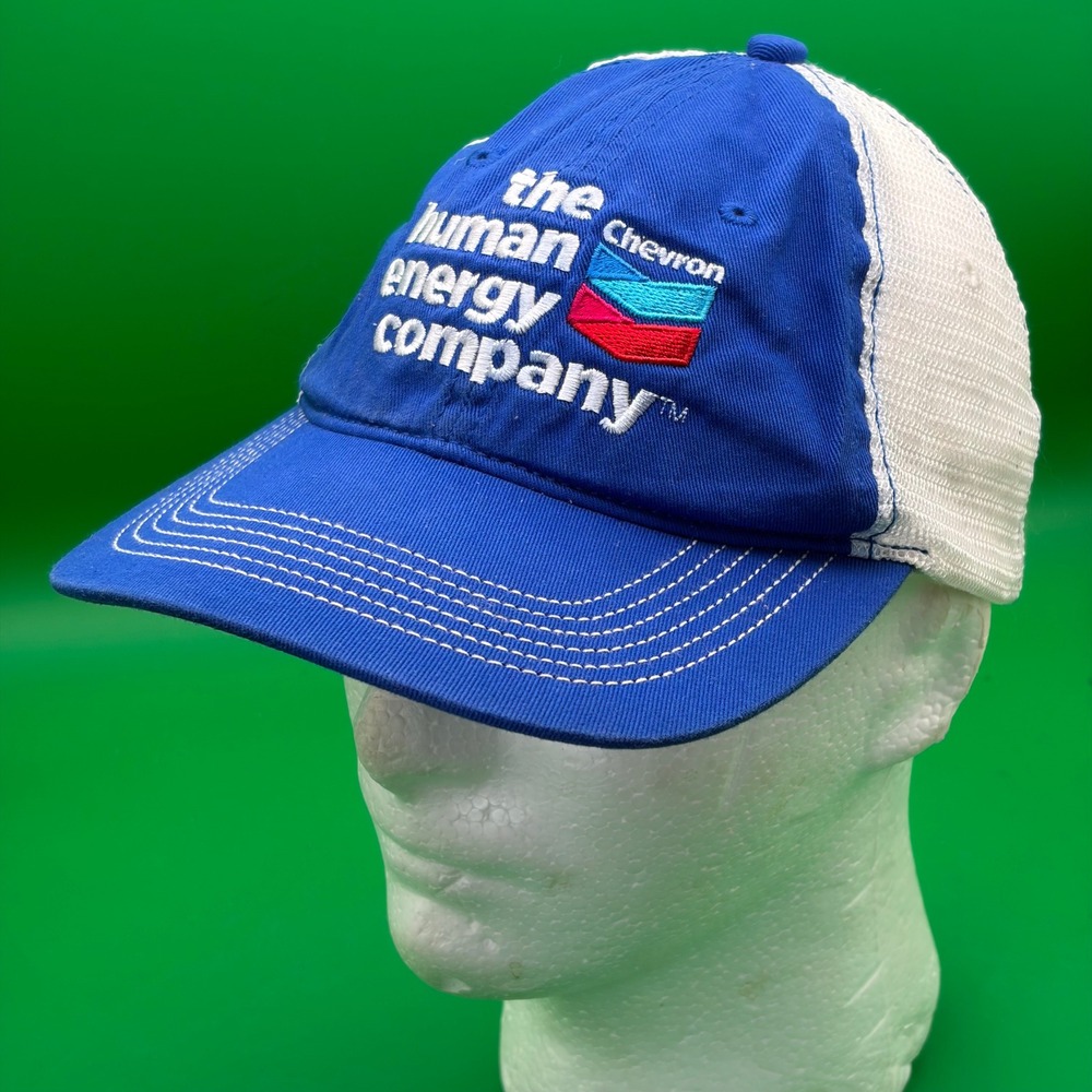 Chevron Logo Trucker Hat Adjustable Blue Human Energy Company Mesh Cap Oil Gas
